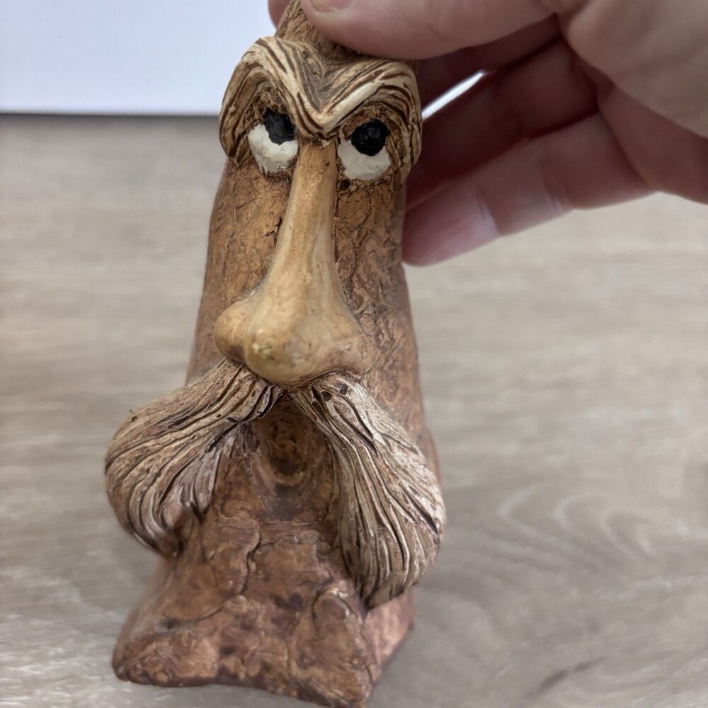 Faux Wood Carving Old Man Tree Spirit Gnome Figurine Grumpy Wizard